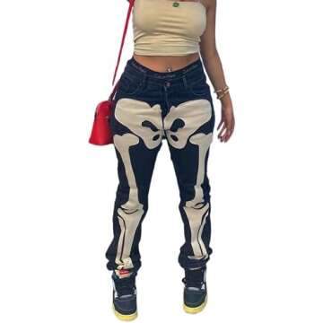 Halloween Skeleton Skull Print Black Denim Pants for Women Mid Waist Zip Up Trousers Goth Harajuku
