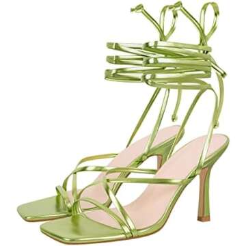 Women's Lace Up Heeled Sandals Square Open Toe Stiletto Heels Flip Flops Ankle Strap Pumps