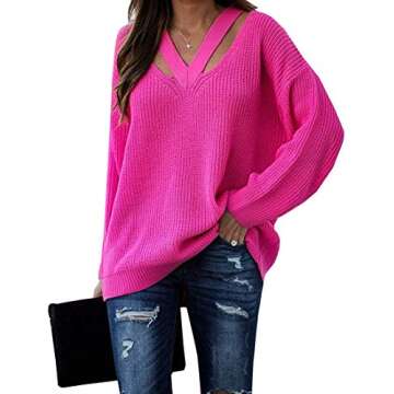 Hot Pink Cut Out V-Neck Sweater