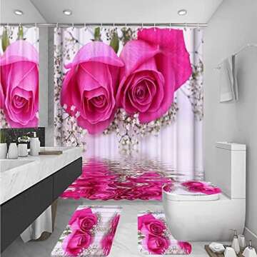 Bathroom Sets with Shower Curtain and Rug, Toilet Lid Cover, Bath Mat, 4PCS Pink Rose Shower Curtain...